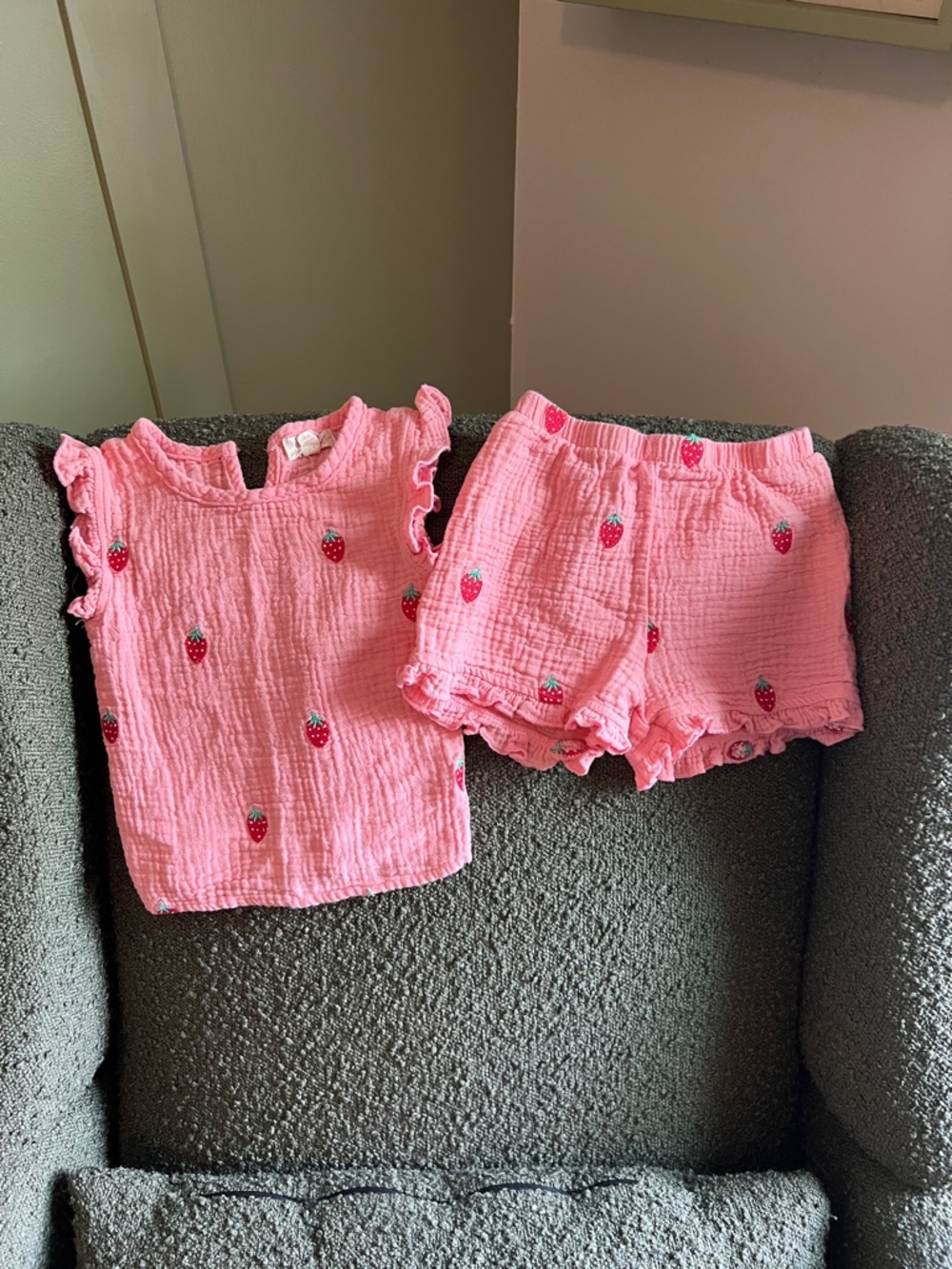 Pink Strawberry Embroidered Kids Matching Set